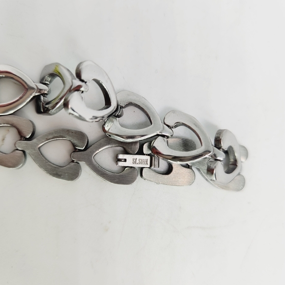 Stainless Steel Wishbone Heart Tennis Link Bracelet 8 Inch Silver Tone Unisex - Picture 2 of 4